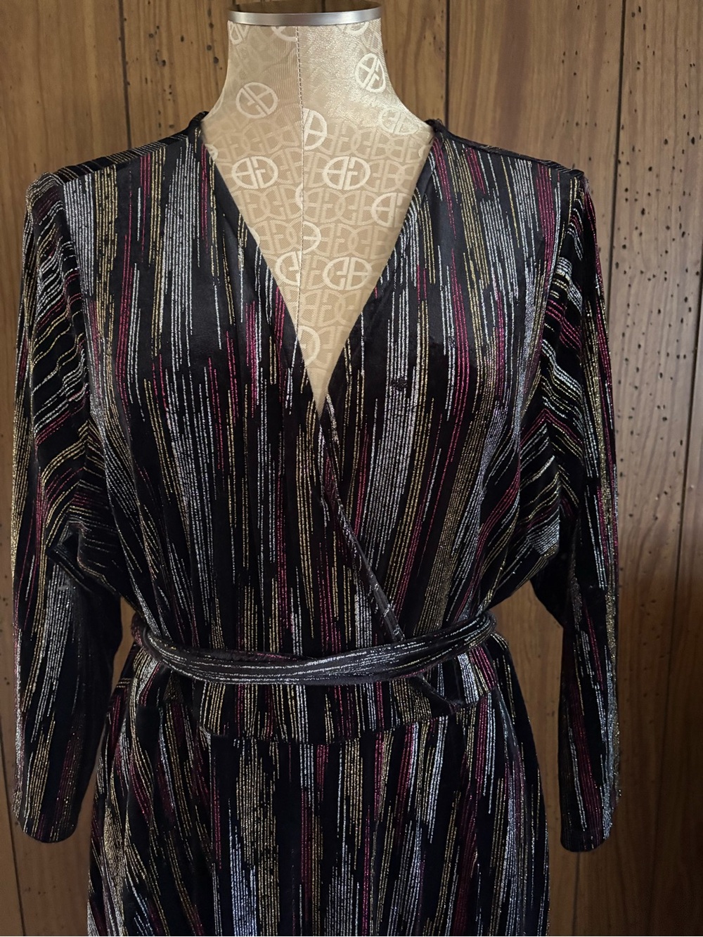 torrid Black Metallic Stripe Wrap Dress with Gold and red  Highlights - Picture 2 of 4